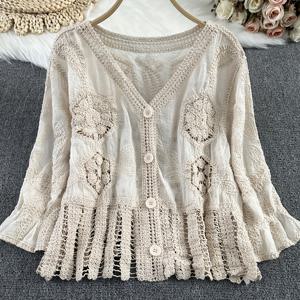 TEMU 할로우 코바늘 뜨개질 스티칭 밑단 미드 스리브 가디건 버튼 디자인 다용도 코트 프렌치 엘레강스 스타일 코트 탄성 레이스 커프스