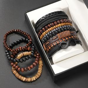 TEMU 13피스 빈티지 직조 패션 블랙 피규어-8 남성 팔찌 세트, 캐주얼 파티용 데일리 웨어 선물, 패션 액세서리 (박스 미포함) - 크리스마스, 할로윈, 새해 선물