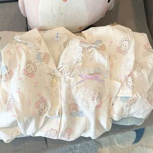 TEMU 재고 보유 신축성 없는 고품질 일본식 스위트 여성용 파자마, 봄/여름 경량 긴팔 긴바지 세트, 아우터웨어로 착용 가능, 스타일리시한 레ース 트림 가디건 2개 세트