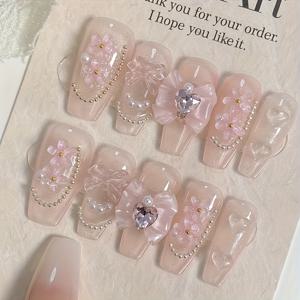 TEMU 럭셔리 브라이덜 네일 세트 10개, 롱 발레 쉐입, 젠틀 핑크, 입체적인 작은 꽃, 나비 매듭, 캔디 하트 , 고급 인조 네일, 파티, 댄스 및 데일리 웨어에 적합, 젤리 글루 및 네일 파일 포함