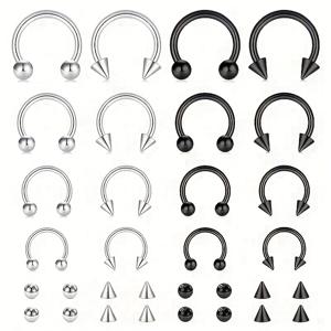 TEMU 16개 세트 6mm, 8mm, 10mm, 12mm 스테인리스 스틸 코골드 링 & 말굽형 이어링, 남성용 바디 피어싱 장식품