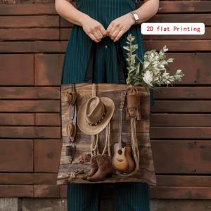 TEMU 여성용 웨스턴 백 - 빈티지 모자, 기타 & 부츠 프린트 랜치 그래픽 토트백 - 오픈 탑 숄더 파우치 - 내구성 폴리에스터 팜하우스 파티 클러치 - 컨트리 웨스턴 스타일 일상 캐리어, 액세서리, 러스틱 소재 품질