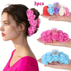 TEMU 3개 세트 컬러풀 폼 장미 머리집게 세트, 웨딩 레드 장미 머리집게, 스타일 꽃머리집게, 상어집게, 데일리웨어 및 웨딩 파티용