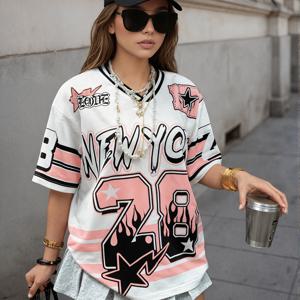 TEMU 여성 캐주얼 반팔 티셔츠, 컬러 블록 및 프린트 레터 및 숫자