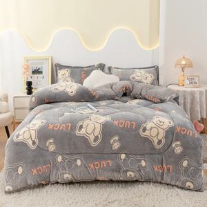 TEMU 1개 양모/우유/플란넬 이불, 부드럽고 편안하며 따뜻한 폭신한 두꺼운 이불, 사계절용, 귀여운 곰 캐릭터 패턴, 다크 그레이 이불, 침실, 게스트룸 등에 적합 (베개커버 미포함)