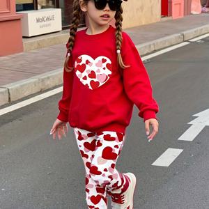 TEMU 1- 여아용 캐주얼 하트 패턴 긴 스웨트셔츠와 레깅스 투피스 아웃핏, 야외 활동에 완벽