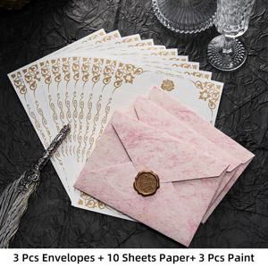TEMU 16개 골드 포일 마블 패턴 봉투 세트 (봉인 스티커 포함), 꽃무늬 손글씨 편지지, 레트로 엠보싱 크라프트 특별 용지 봉투, 봉투 3개, 왁스 씰 3개, 편지지 10매 포함