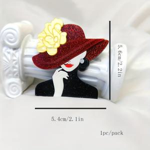 TEMU 2D 플랫, 노란 꽃 빨간 모자 레이디 아크릴 브로치 - 노란 꽃과 빨간 모자 디자인, 빈티지 스타일 액세서리, 패셔너블 핸드메이드 주얼리, 가방, 모자, 의류 액세서리용