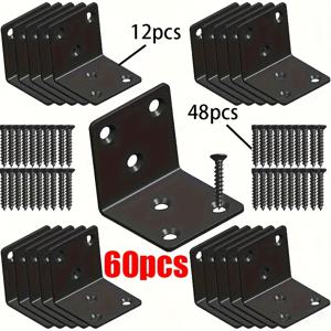 TEMU 60개 세트 헤비듀티 블랙 메탈 코너 브래킷, 12개 코너 브래킷 + 48개 나사 포함, 사전 구멍 뚫림 및 둥근 모서리, 목재 가구, 침대 프레임, 의자, 선반용 - 튼튼한 A형 프레임, 조립 쉬움, 불안정한 테이블, 책상, 책장, 목재 울타리 및 가구 수리용, 목공 프로젝트 호환 - 내구성 강한 금속 구조, 목재용 브래킷