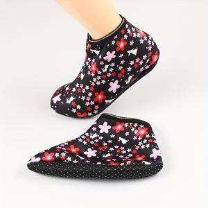 TEMU 여성용 보온 겨울 바닥 양말 - 기모노 스타일 벚꽃 & 프린트 레이스 트림 발목형 슬립온 (미끄럼 방지) 실내외용 슬리퍼 - 손세탁 가능한 두꺼운 보온 양말 부츠