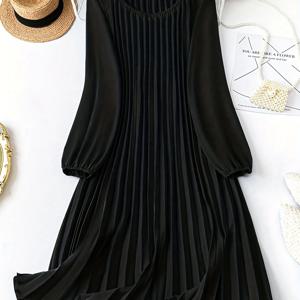 TEMU 여성용 우아한 솔리드 컬러 A라인 드레스 - 퍼프 소매 긴팔 라운드넥 드레스, 세탁기 사용 가능한 솔리드 컬러 웨딩 게스트 가운, 파티 웨딩 연회용, 봄 여름 가을 정장