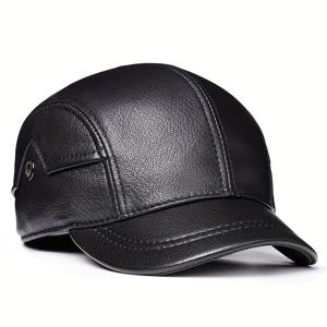 TEMU 남성용 신상 숏 브림 야구 모자, 캐주얼 아웃도어 가죽 덕빌 모자 (중년 및 노인용), 얇고 따뜻한 가을/겨울용 뒷면 잠금 기능, 방풍 천연 가죽 모자 (노인용)