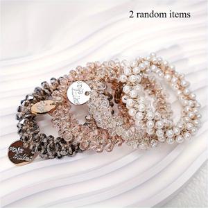 TEMU 고급스러운 인조 진주와 비즈 장식 헤어 타이 2개 세트. 포니테일에 적합하며 14세 이상 사용 가능. 모든 헤어 볼륨에 적합합니다.