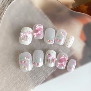 TEMU 10개 짧은 스퀘어 라운드 탈부착형 웨어러블 네일, 귀여운 만화 체리 프렌치 스타일 네일 스티커