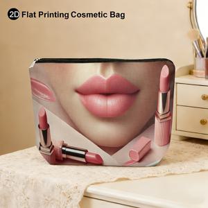 TEMU 1개 2D 평면 인쇄 피치 핑크 립 쇼케이스 패턴 | 휴대용 지퍼 메이크업 정리함, 다기능 재사용 가능, 여성용 세면 가방, 여행 필수품, 엄마, 여자친구를 위한 이상적인 크리스마스 및 새해 선물