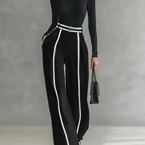 TEMU 여성용 어반 스타일 블랙 & 화이트 대조 스티칭 와이드 레그 팬츠, 캐주얼 하이웨이스트 트라우저, 데일리 커뮤팅 웨어