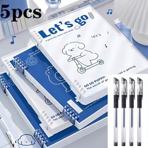 TEMU 5개 세트 (스파이럴 노트 1개 + 펜 4개 포함), 책당 60매, 귀여운 강아지 디자인, 편안한 필기감, 커버, 교체 가능한 내부 페이지 용지, 구멍 뚫린 용지로 제작된 고품질 대학 교과서 - 두꺼운 가로선