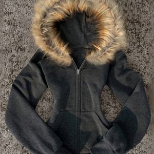 TEMU 새 여성용 지퍼업 후드티, 긴팔 회색 재킷