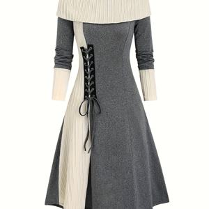 TEMU 플러스 사이즈, 컬러 블록 레이스업 접이식 드레스, 대비 컬러 패션 A라인 보트넥 긴팔 미디 로브 여성 드레스