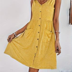 TEMU 여성용 버튼 디테일이 있는 새로운 봄/여름 패션 단색 민소매 원피스