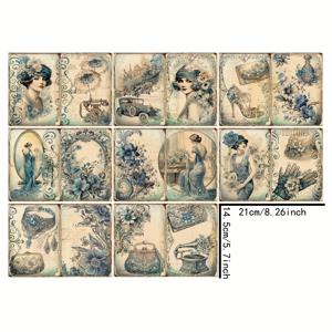 TEMU 반지, 백팩, 하이힐, 우산, 모자 등 고대 여성 장신구 8개의 이미지. 정크 저널 매거진 스크랩북에 묘사됨. A5 사이즈, 종이로 제작됨.