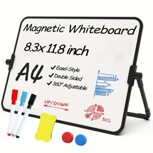 TEMU 스탠드형 자석 화이트보드 세트, 7피스, 회전 가능한 소형 화이트보드, 스탠딩 데스크탑 안정적인 회의 보드, 학생 필기, 메모, 가정, 비즈니스 오피스, 학교 용품 보드, 마커 3개, 지우개 1개, 자석 블록 2개 포함