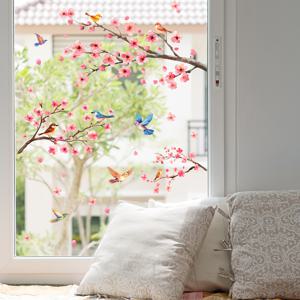 TEMU 생기 넘치는 봄 & 여름 창문 스티커 - 벚꽃 나무 & 새들, 쉬운 부착 꽃 스티커, 1밀 두께, 집 & 사무실 장식에 완벽, 벚꽃 장식