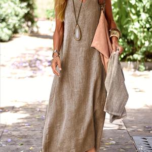 TEMU 솔리드 컬러 V넥 롱 드레스, 여성용 캐주얼 민소매 루즈핏 드레스, 여름 및 봄에 적합