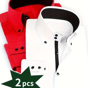 TEMU 남성용 정장 셔츠 2개 세트 - 줄무늬 포인트가 있는 단색, 스냅 단추, 업무, 회의, 데이트 및 행사용 비즈니스 캐주얼 셔츠