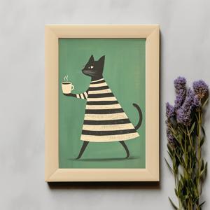 TEMU 1개 무테 캔버스 포스터 - 추상 미술 레트로 모던 민imal리스트 흑백 줄무늬 커피를 마시는 검은 고양이 프린트, 고품질 잉크 캔버스, 침실/거실/부엌/욕실용 실내외 벽 장식, 고양이 애호가를 위한 완벽한 선물, 빈티지 모던 믹스 | 예술적 인쇄, 고양이 장식