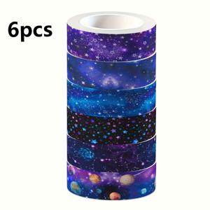 TEMU 6롤 혼합 팩 - 별이 빛나는 하늘 패턴과 종이 테이프 스티커 스크랩북 선물 포장지 - DIY 우주 파티용