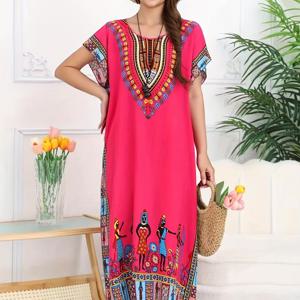 TEMU 여성용 맥시 드레스 - 화려한 민족 프린트, 루즈핏, 반팔, 라운드 넥, 가벼운 폴리에스테르, 여름 휴가와 해변 투어에 적합, 해변 드레스