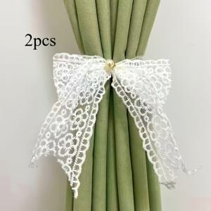 TEMU 2pcs 우아한 프랑스 스타일 진주 실 커튼 타이백 - 클래식 화이트 꽃 디자인, 녹색 잎이 있는 라이트 럭셔리 폴리에스테르 리본 홀드백, 홈 데코용