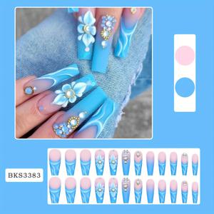 TEMU 24개 파란색 프렌치 라인스톤 롱 인조 손톱 세트 (젤리 글루 스티커 및 네일 파일 포함)