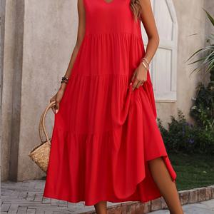 TEMU 우아한 빈티지 V넥 맥시 드레스 - 라인 & 세로 주름 - 민소매 - 롱 가운, 웨딩, 파티, 특별한 행사용 루즈핏 - 세탁기 사용 가능 (사계절) - 이너웨어 패딩 불필요