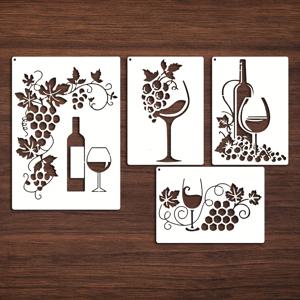 TEMU 재사용 가능한 와인 포도 스텐실 4가지 종류 - 4가지 디자인 (병, 유리, 잎사귀 모음), 공예, 캔버스, 가구 페인팅에 적합 - 창의적인 휴일 선물, 와인 선물 아이디어, 공예 템플릿, 덩굴 테마 디자인, 다양한 크기 템플릿