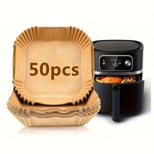 TEMU 50/100/200매입 에어프라이어 라이너 - 8인치 무표백 사각 베이킹 페이퍼 패드, 기름 방지 및 주름진 가장자리로 안전한 고정 - 크리스마스, 추수감사절, 하누카, 할로윈, 부활절, 휴일 요리 필수품용 일회용 주방 용품