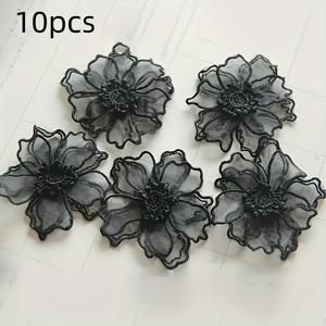 TEMU 자수 장식이 있는 세련되고 우아한 블랙 레이스 패치. 3D 효과를 연출하는 이중 레이어 투명 메시 디자인으로 웨딩 드레스 및 정장 장식에 완벽합니다.