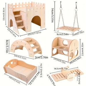 TEMU 햄스터용 나무 장난감 6종 세트 (햄스터 빌라, 그네, 아치형 다리, 햄스터 스윙, 침대, 운동 장난감 포함). 햄스터, 황금곰, 기타 작은 동물에게 적합. 조립 필요.