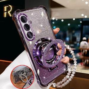 TEMU 갤럭시 S25 FE 케이스: 사각 충격 방지 글리터 흡착 자석 홀더 풀 커버 브레이슬릿 도금 럭셔리 소프트 케이스