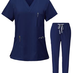 TEMU 스크럽 세트 유니폼 스트레치 스크럽 탑 포켓 팬츠 세트 간호사 유니폼 의사 수술 작업복 미용실 작업복