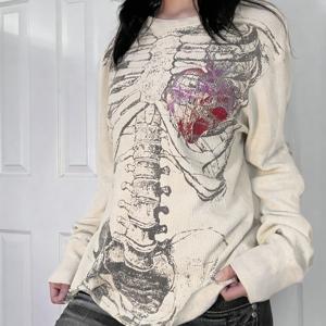 TEMU 여성용 Y2K 빈티지 고딕 스컬 & 간쿠츠-조류(웨이스트번) 프린트 긴팔 티셔츠 - 일본 쓰레기 펑크 스타일 라운드넥 티, 미디엄 스트레치 세탁기 사용 가능 레이어링 탑