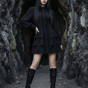 TEMU GP 여성용 레이스 패치워크 스탠드업 칼라 버튼 블랙 이어헴 긴소매 원피스 Y2K 다크 고딕 엘레강스 케이크 드레스