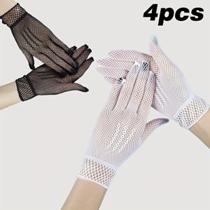 TEMU 웨딩 신부 예절 장식 메쉬 장갑 4pcs 다섯 손가락 메쉬 세 줄 파티 나이트클럽 댄스 피쉬넷 장갑 레이스 없음 블랙 화이트 매칭 의상 여성용 장갑