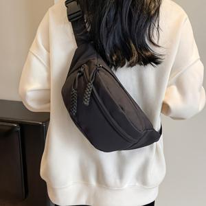 TEMU 여성용 듀얼 지퍼 클로저 웨이스트 팩 1개 - 컴팩트 크로스바디 백, 지퍼 2개 및 다중 포켓, 조절 가능한 스트랩, 경량 나일론 벨트백, 하이킹, 헬스장, 여행, 일상용으로 적합 - 블랙/화이트/오렌지 디자인 - 및 핸즈프리 편의성에 이상적