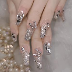 TEMU 24개 핸드메이드 아크릴 프레스온 네일 - 미디엄 아몬드 쉐입, 핑크 글리터 그라데이션 프렌치 매니큐어 3D 나비 스톤 장식, 웨딩 파티 프로모션용 광택 인조네일, 귀여운 프레스온 네일, 파티 액세서리