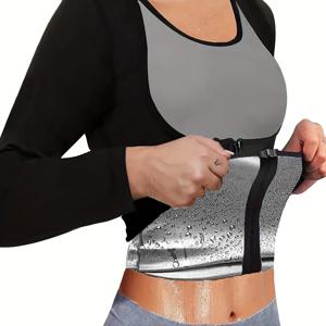 TEMU 집중적인 땀 흘러내리는 긴팔 지퍼 운동 상의, 가슴 압박 및 허리 슬림링 효과