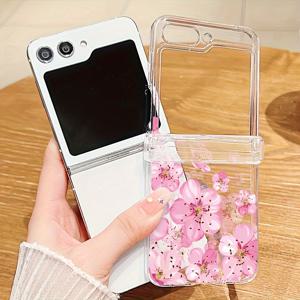 TEMU 삼성 갤럭시 Z 플립 7/Z 플립 7FE/Z 플립 6/Z 플립 5 5G 호환 핑크 플라워 패턴 올인원 힌지 방수 투명 하드 PC 폴딩폰 보호 케이스