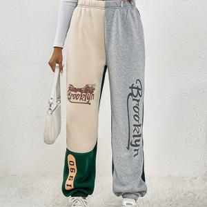 TEMU 여성용 플리스 안감 겨울 팬츠 - 컬러블록 캐주얼 테이퍼드 레깅스, 브루클린 글자 & 스트레치 허리밴드, 그레이 투톤 디자인, 가을/겨울용 세탁기 가능, 편안한 플리스 안감 레깅스, 컴포트웨어