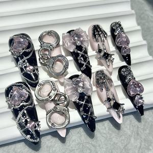 TEMU 시부이 멘헤라 롱팁 인조네일 10개입 Y2k 스파이스 스위트 쿨 수제 착용형 네일 핑크 곰 리본 네일아트 (젤리 스티커 5장 + 스틱 1개 + 네일 파일 1개, 주의: 접착제 미포함)